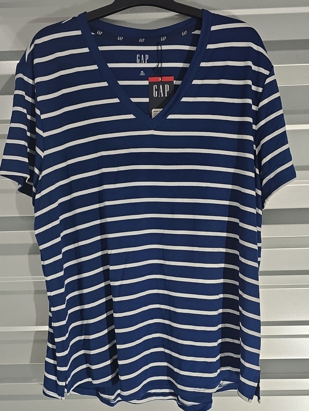 GAP Women's Navy and White Striped V-Neck Short Sleeve Tee